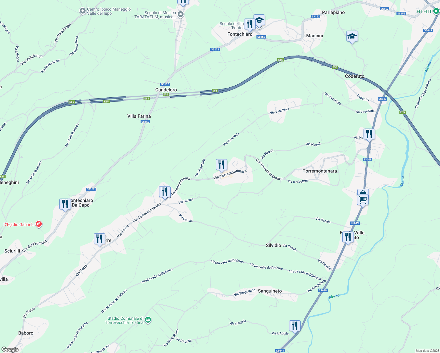 map of restaurants, bars, coffee shops, grocery stores, and more near 40 Via Torremontanara in Cianchetta