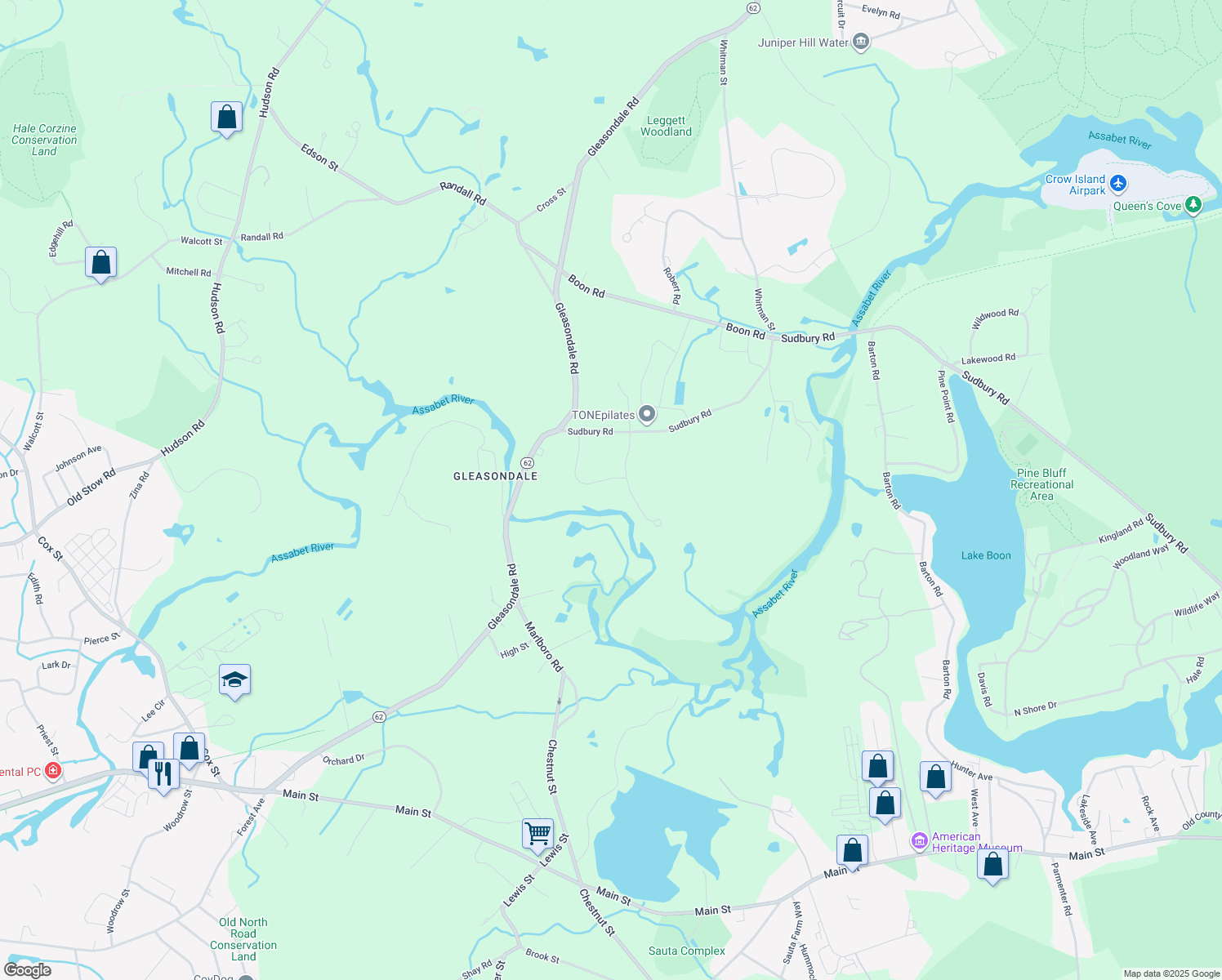 map of restaurants, bars, coffee shops, grocery stores, and more near 47 Forest Rd in Stow