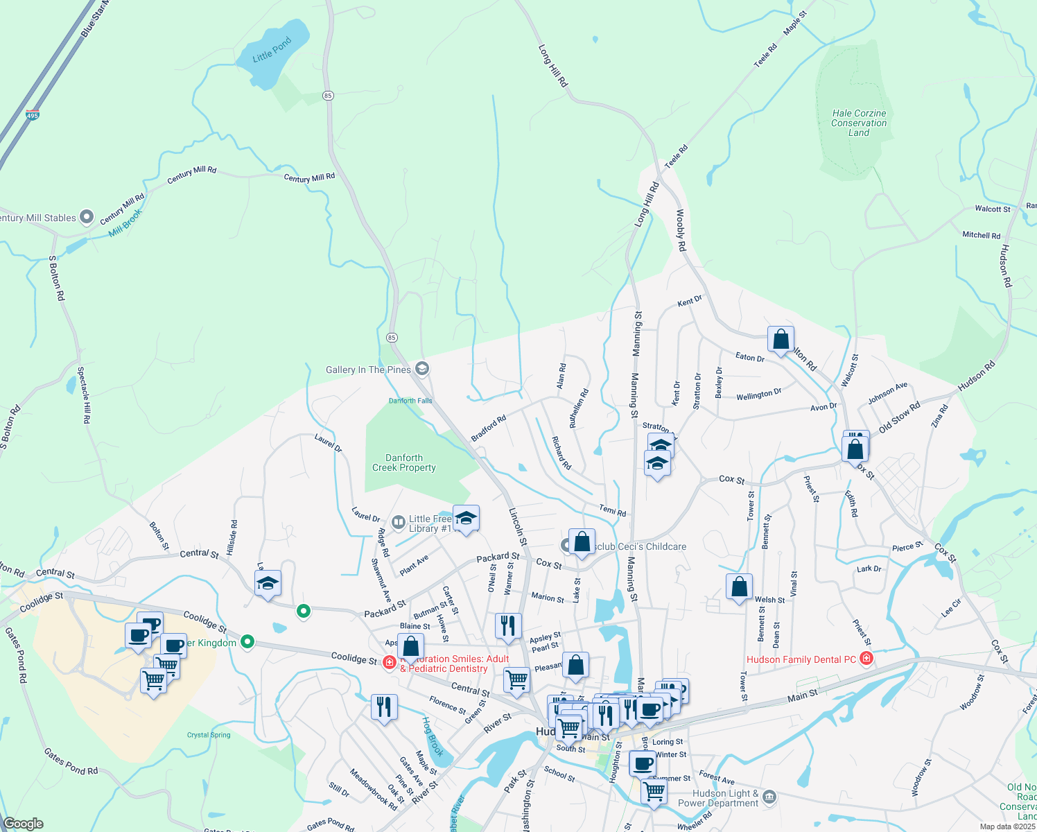 map of restaurants, bars, coffee shops, grocery stores, and more near 8 Philip Road in Hudson