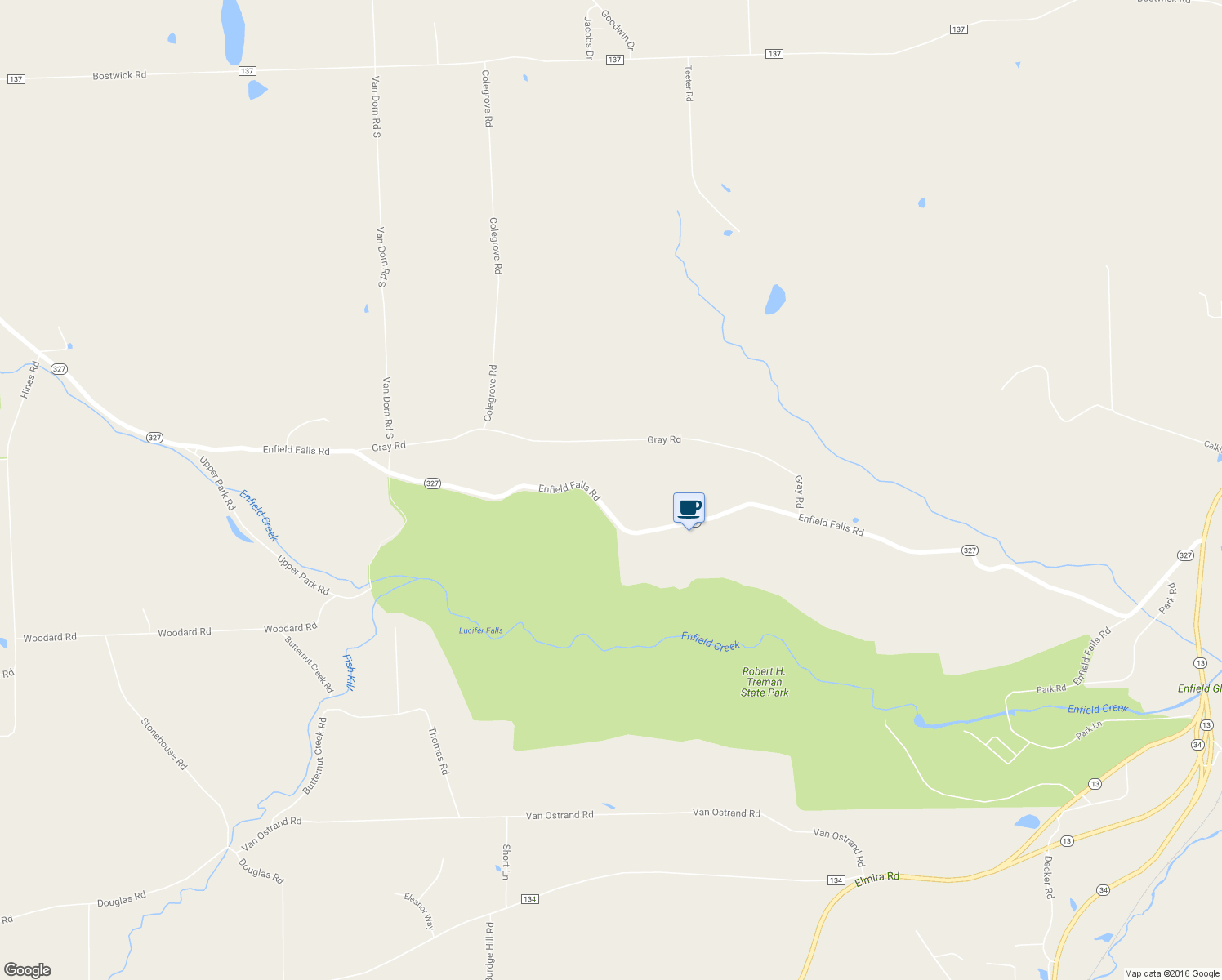map of restaurants, bars, coffee shops, grocery stores, and more near 400 Enfield Falls Road in Ithaca