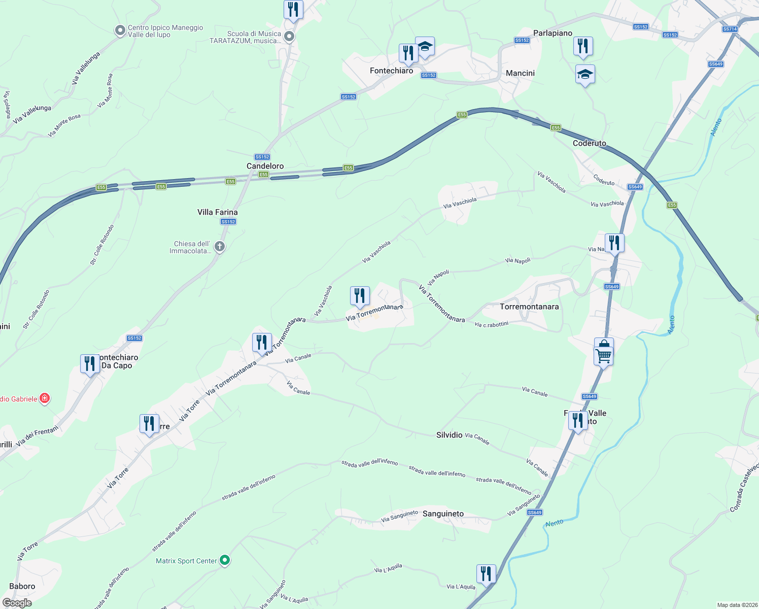 map of restaurants, bars, coffee shops, grocery stores, and more near 123 Via Torremontanara in Cianchetta