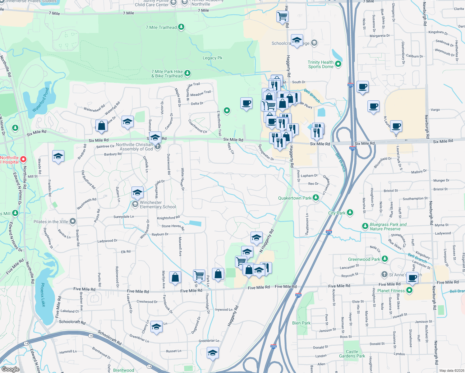 map of restaurants, bars, coffee shops, grocery stores, and more near 39597 Greenbrier Court in Northville