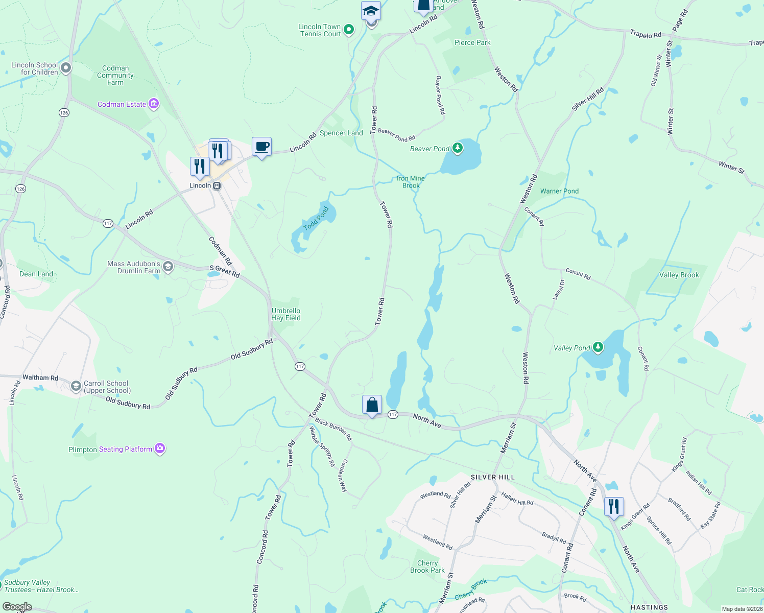 map of restaurants, bars, coffee shops, grocery stores, and more near 130 Tower Road in Lincoln