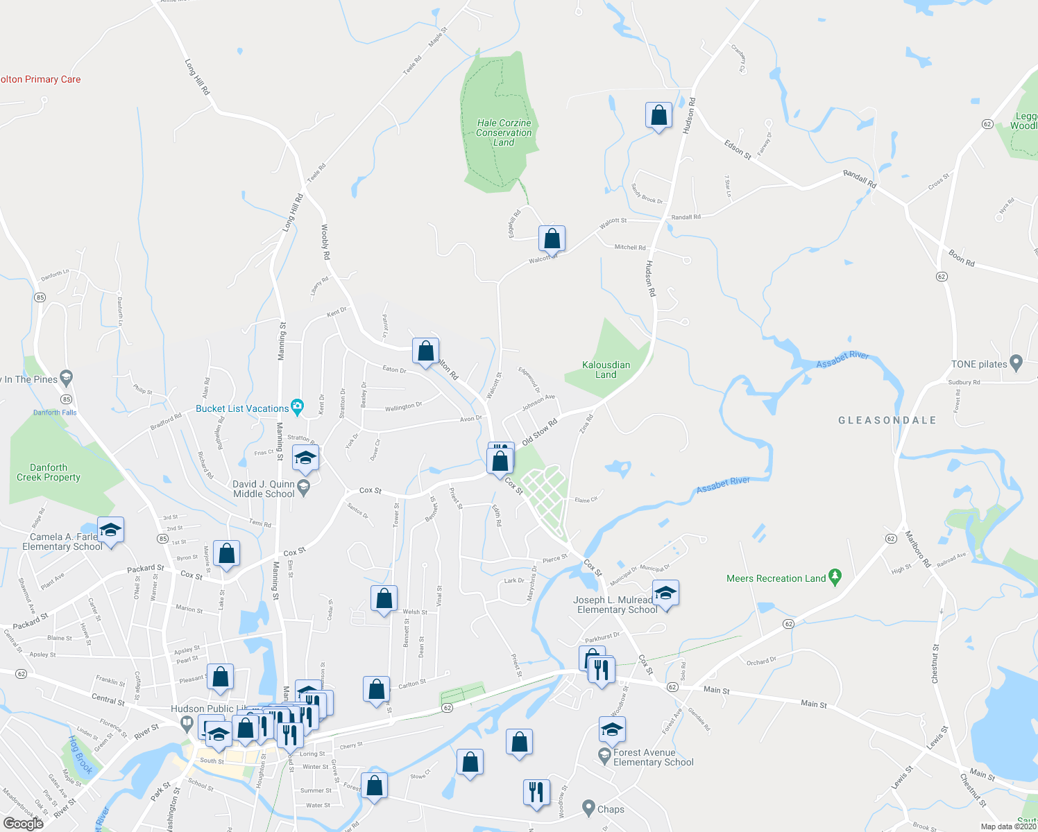 map of restaurants, bars, coffee shops, grocery stores, and more near 5 Bertha Street in Hudson