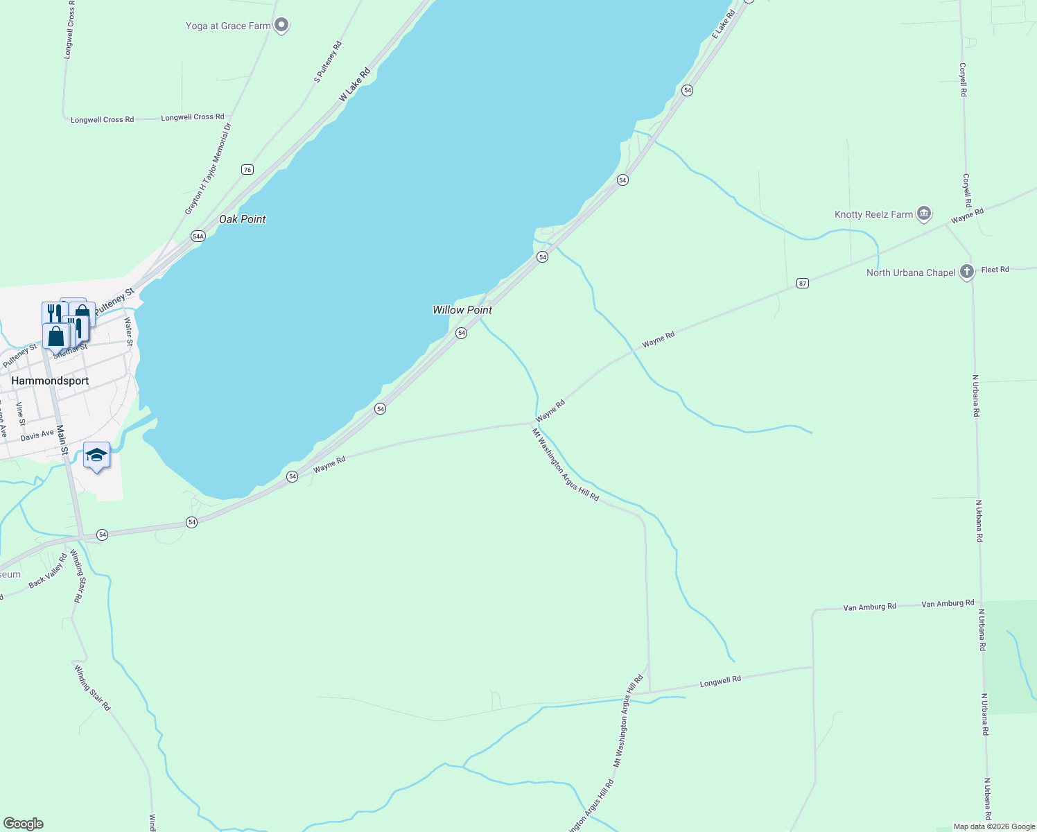 map of restaurants, bars, coffee shops, grocery stores, and more near 8509 County Road 87 in Hammondsport