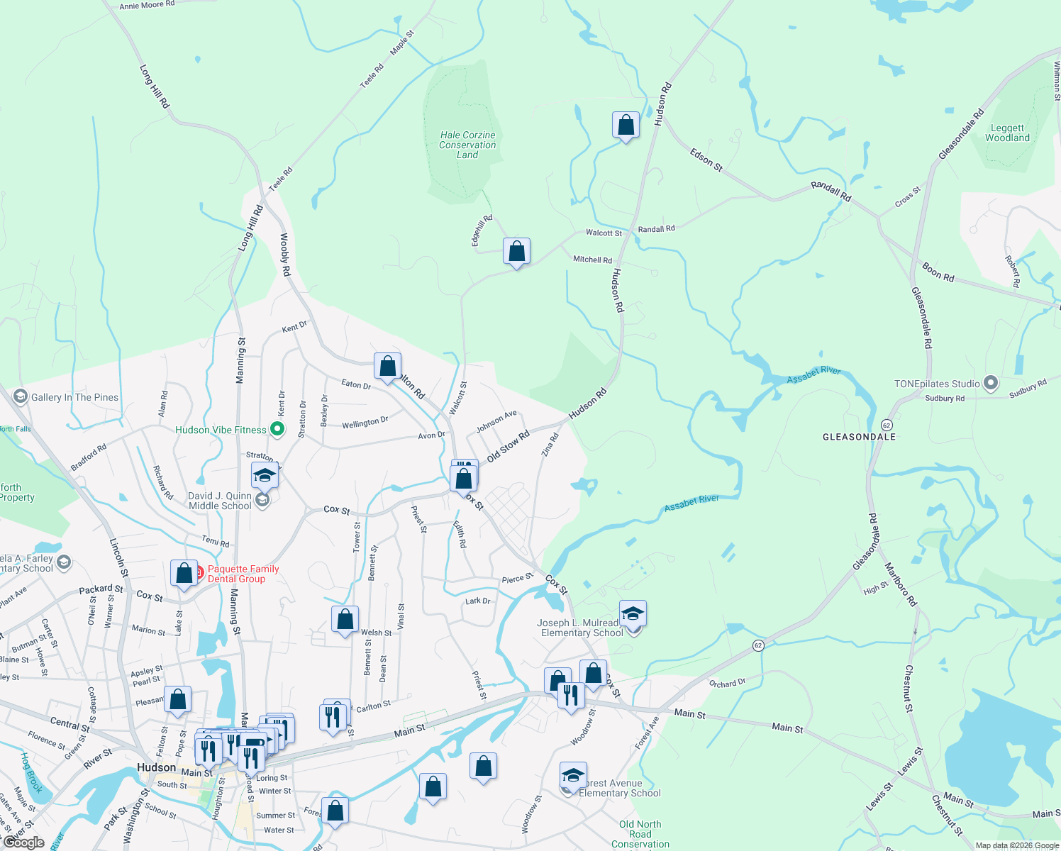 map of restaurants, bars, coffee shops, grocery stores, and more near 20 Johnson Avenue in Hudson