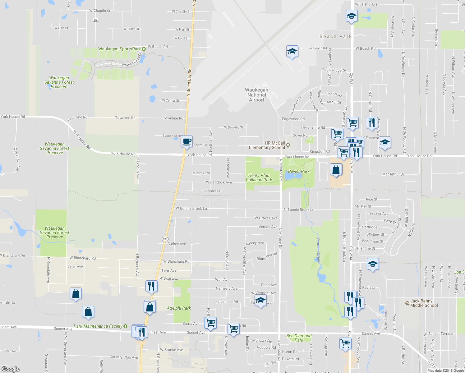 map of restaurants, bars, coffee shops, grocery stores, and more near 12325 West Paddock Avenue in Beach Park