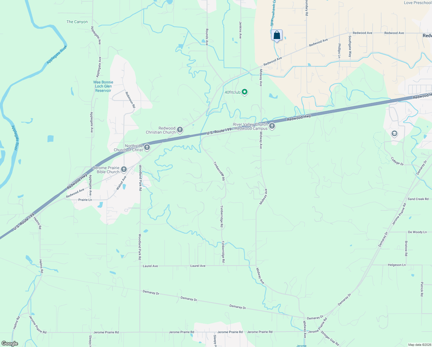 map of restaurants, bars, coffee shops, grocery stores, and more near 170 Pine Ridge Drive in Grants Pass