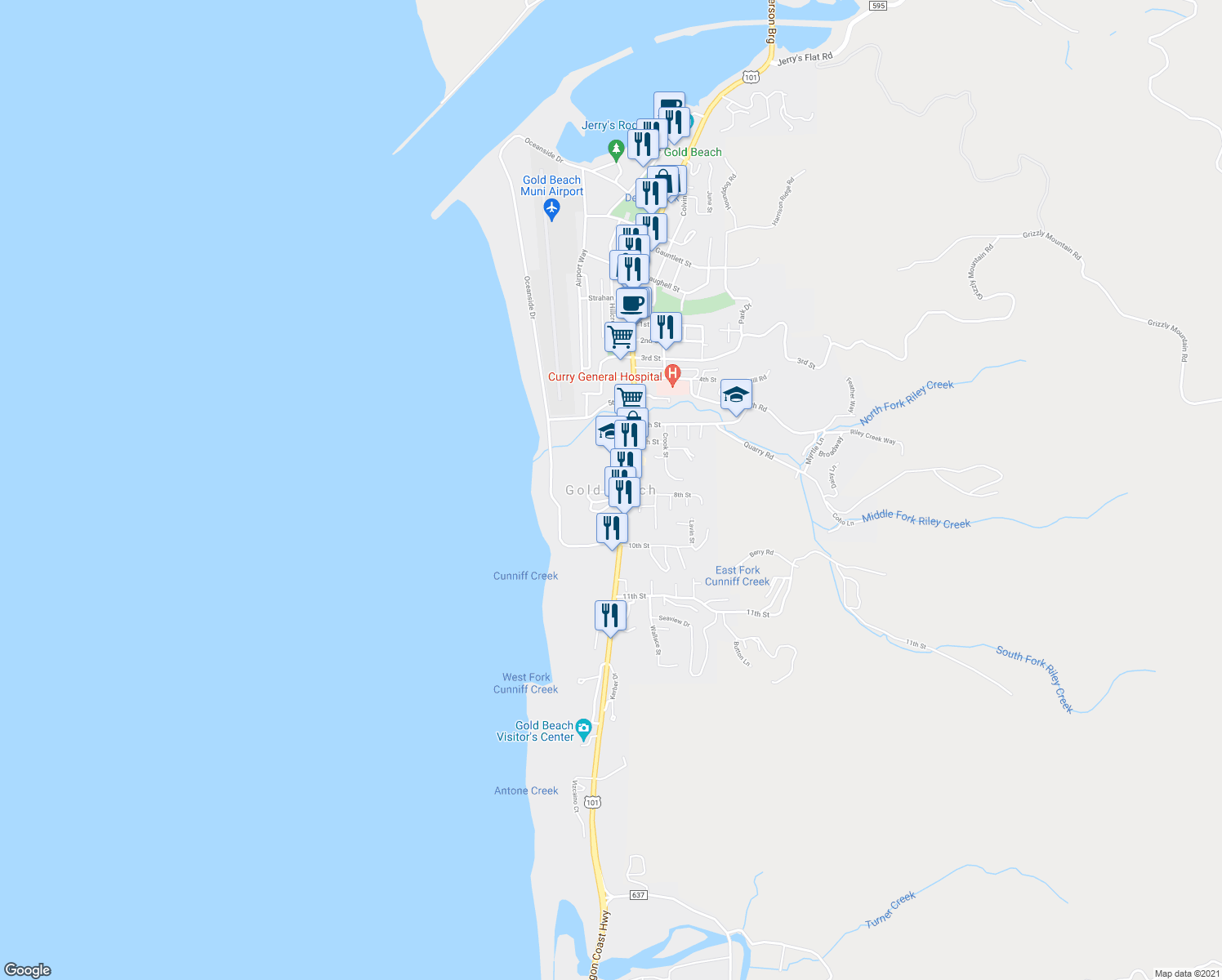 map of restaurants, bars, coffee shops, grocery stores, and more near in Gold Beach