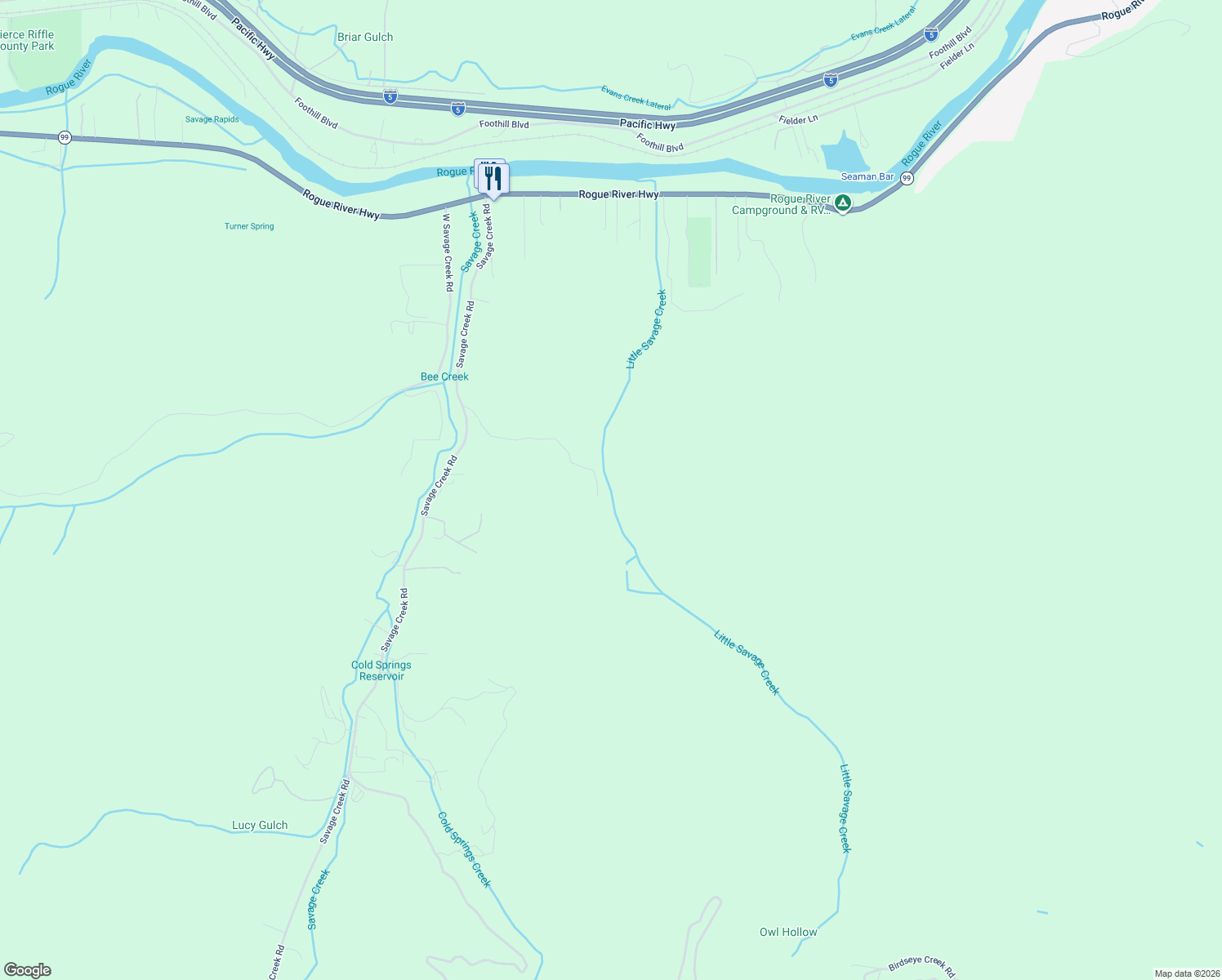 map of restaurants, bars, coffee shops, grocery stores, and more near 379 Savage Creek Road in Grants Pass