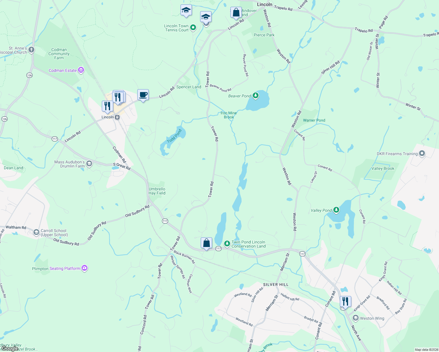 map of restaurants, bars, coffee shops, grocery stores, and more near 10 Millstone Lane in Lincoln