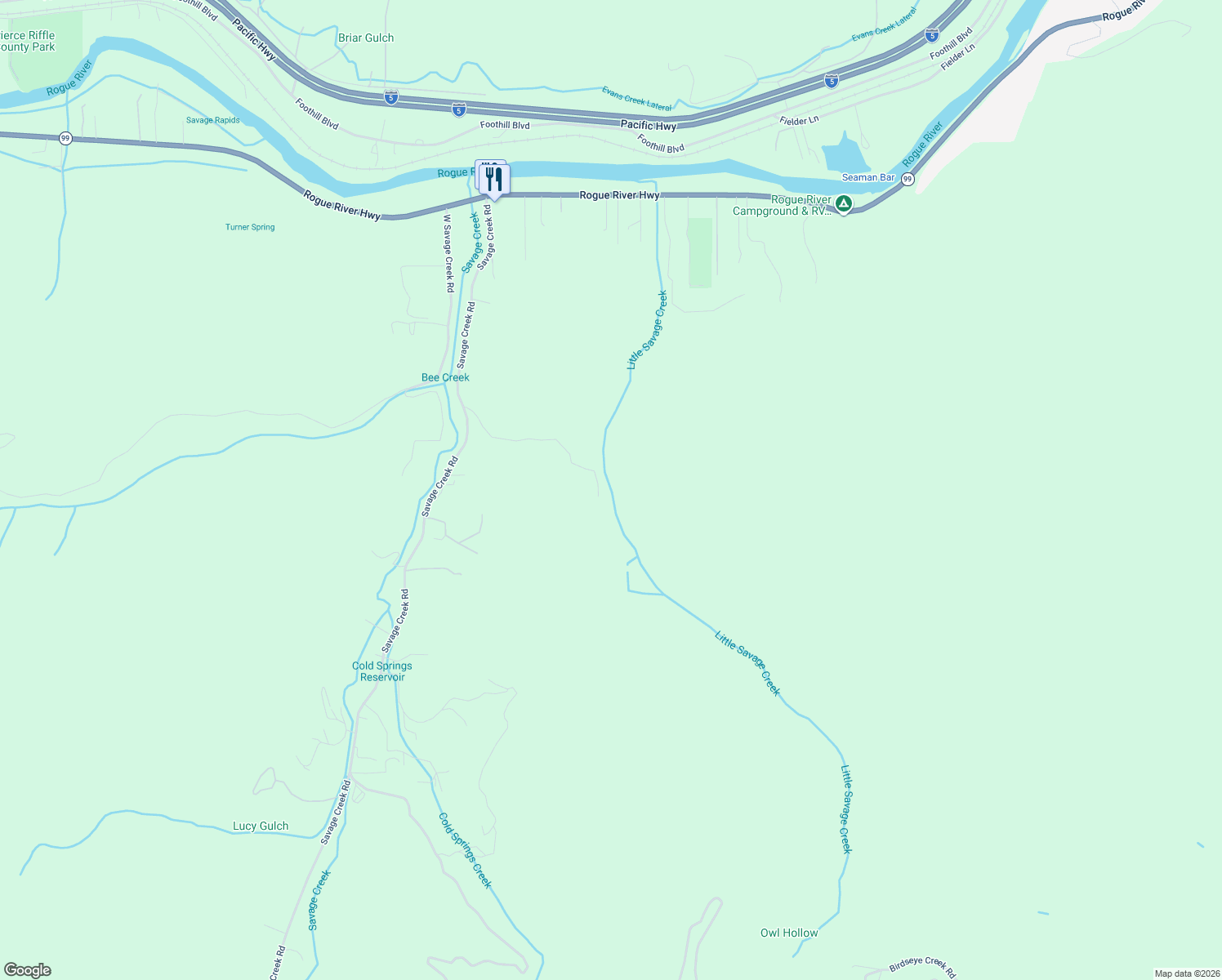 map of restaurants, bars, coffee shops, grocery stores, and more near 379 Savage Creek Road in Grants Pass