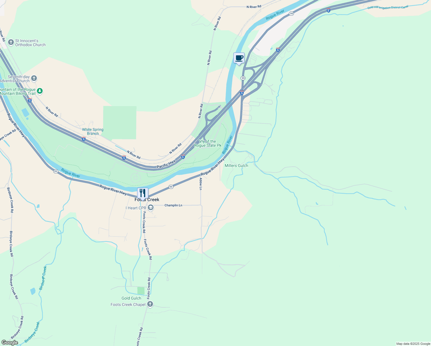 map of restaurants, bars, coffee shops, grocery stores, and more near 2597 Rogue River Highway in Gold Hill