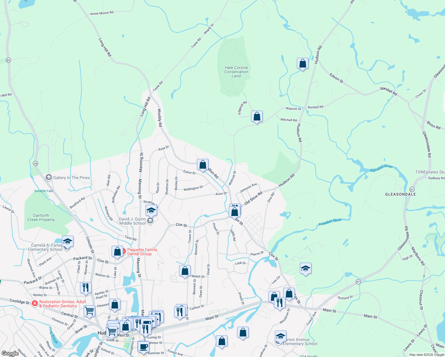 map of restaurants, bars, coffee shops, grocery stores, and more near 19 Old Bolton Road in Hudson