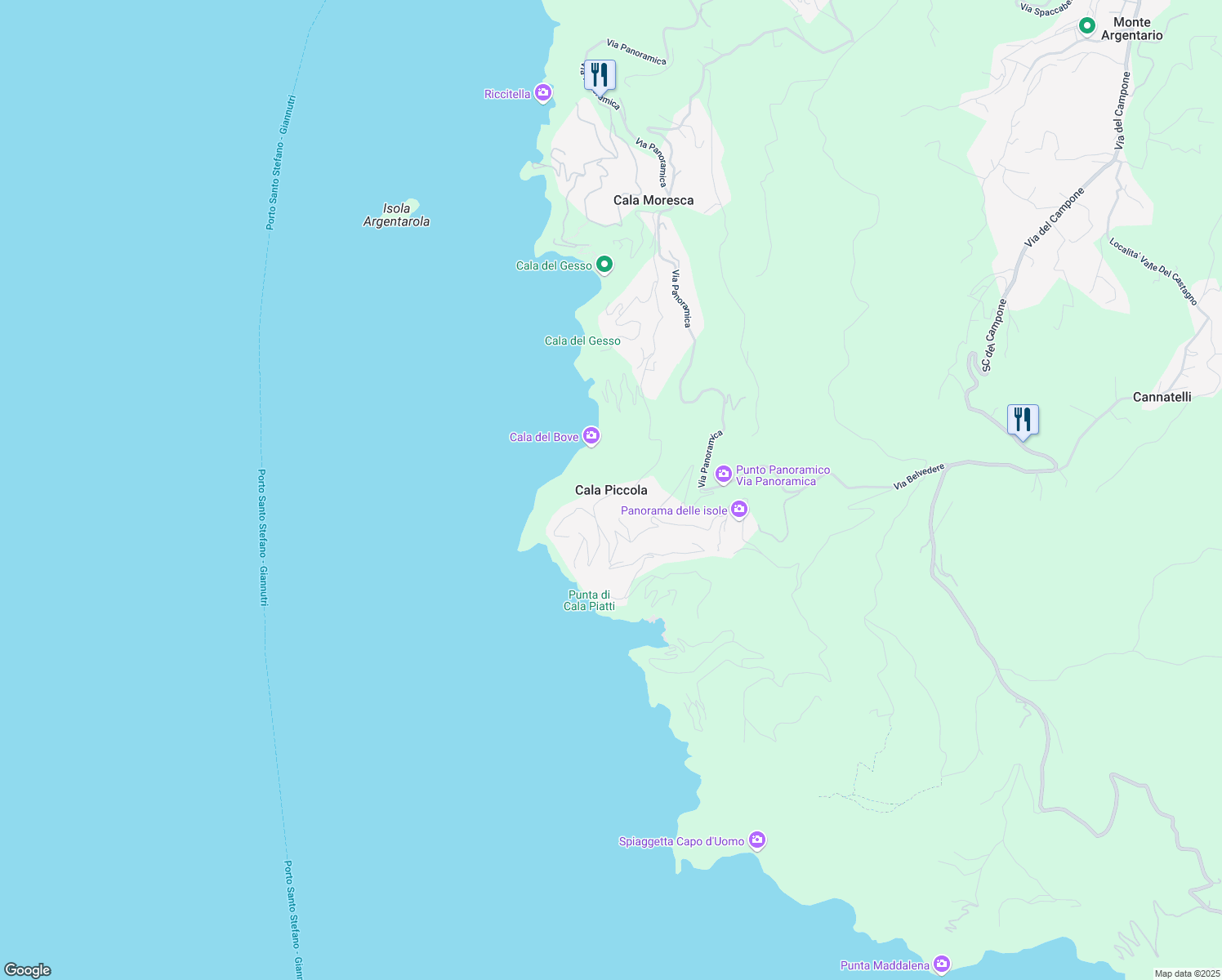 map of restaurants, bars, coffee shops, grocery stores, and more near in Cala Piccola