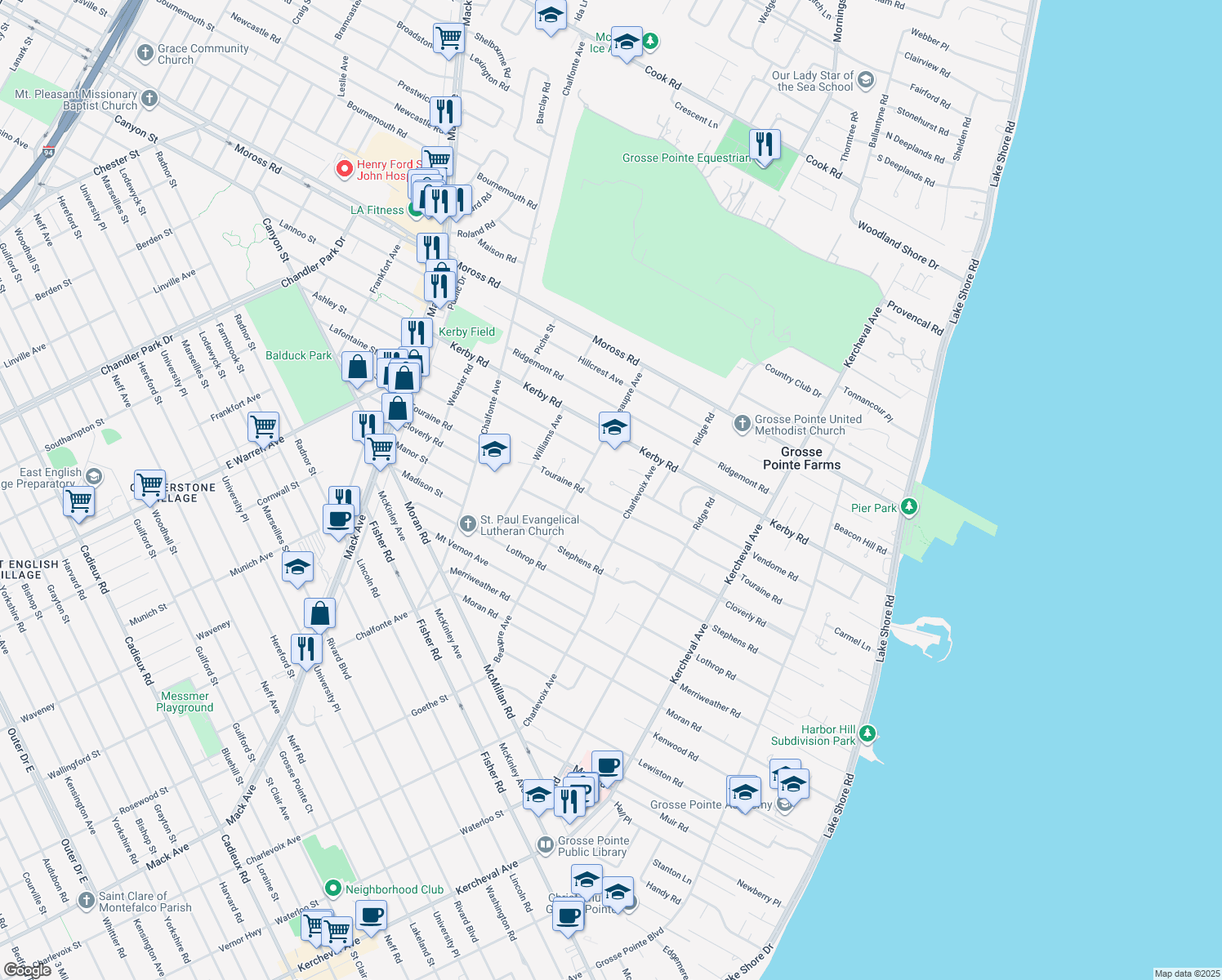 map of restaurants, bars, coffee shops, grocery stores, and more near 275 Vendome Ct in Grosse Pointe Farms