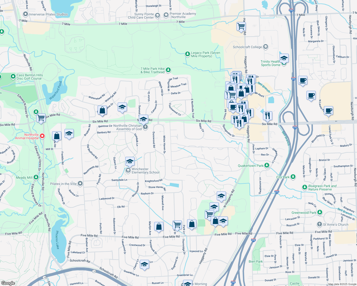 map of restaurants, bars, coffee shops, grocery stores, and more near 39844 Muirfield Lane in Northville