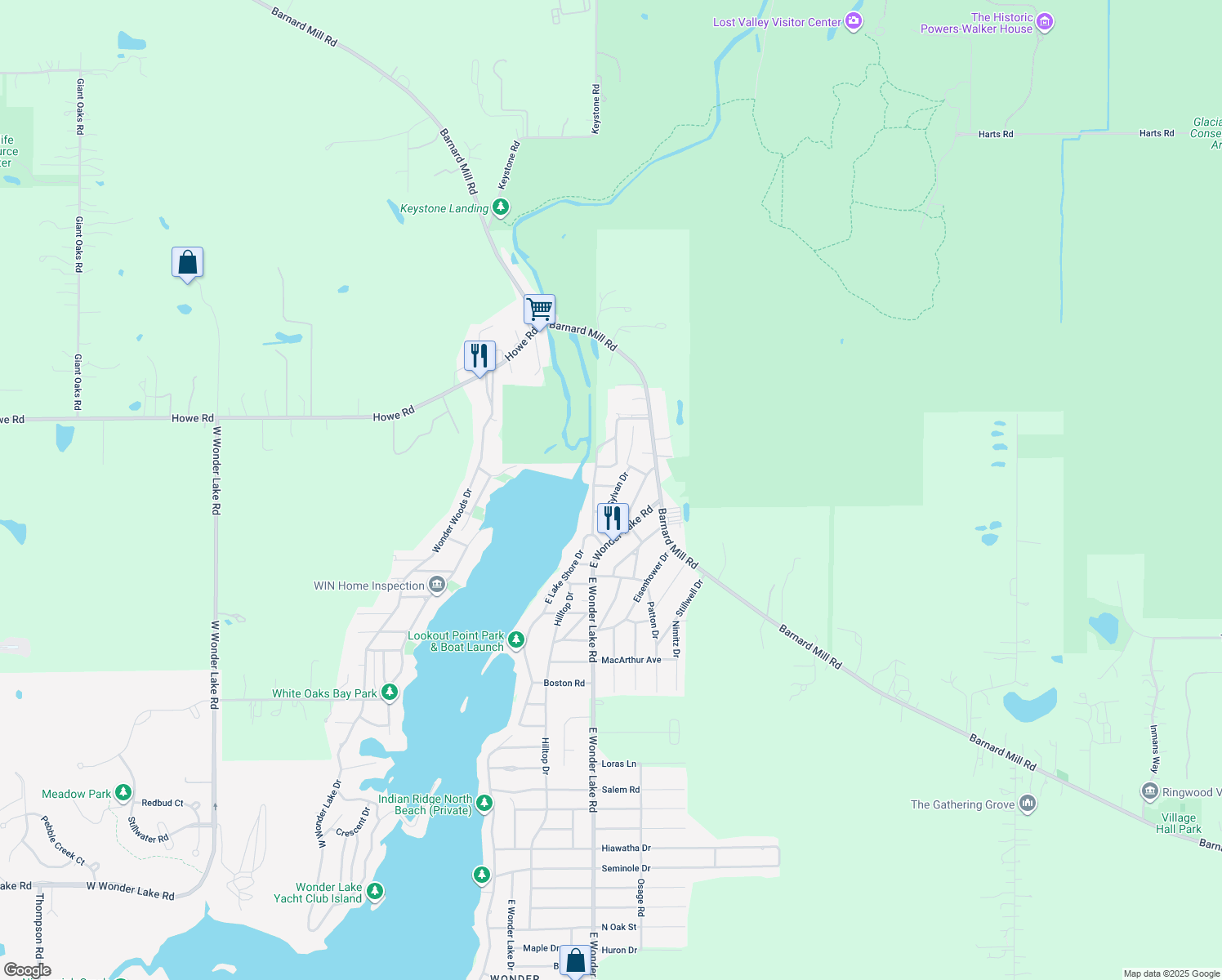 map of restaurants, bars, coffee shops, grocery stores, and more near 7301 Falls Lane in Wonder Lake