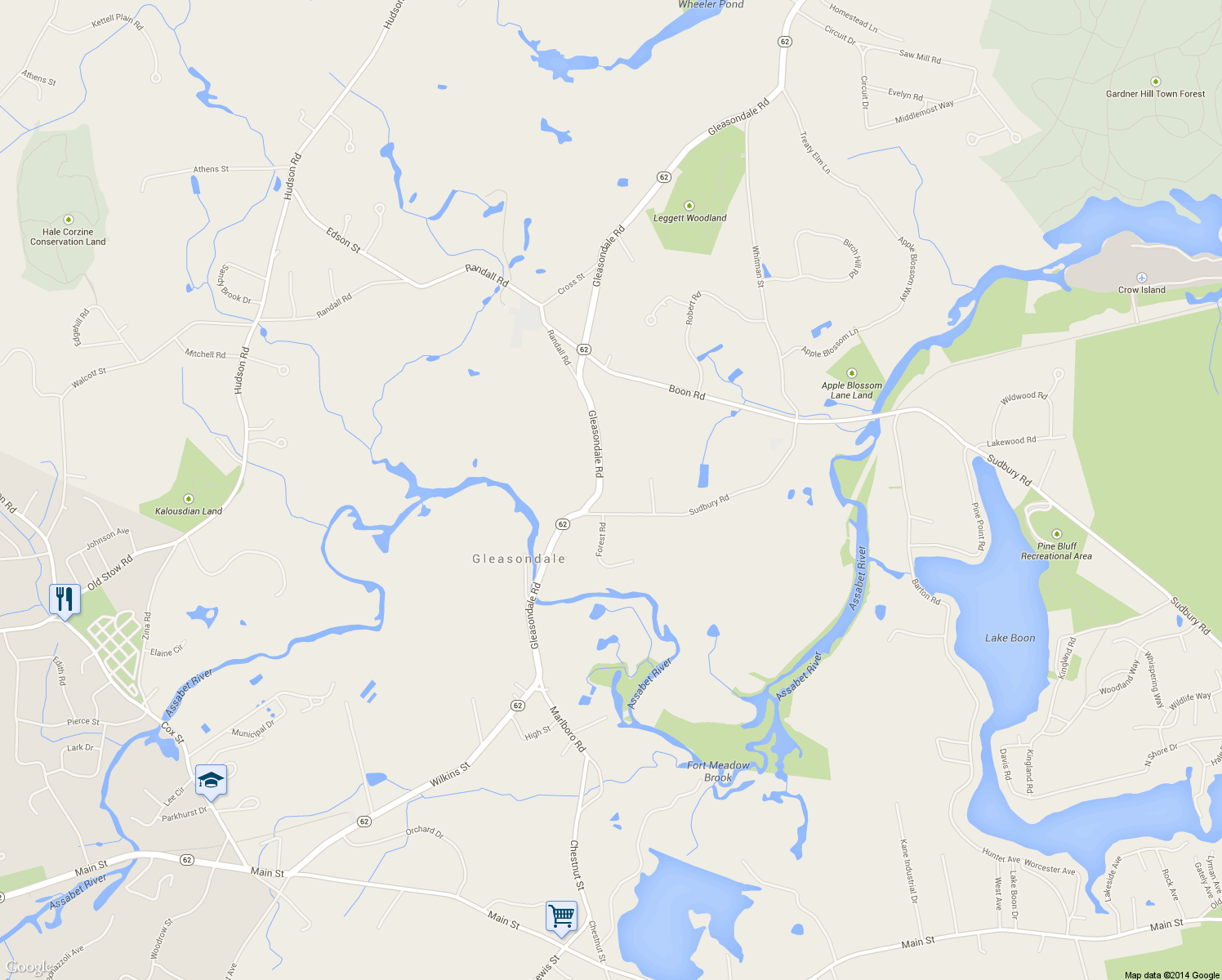 map of restaurants, bars, coffee shops, grocery stores, and more near 428 Gleasondale Road in Stow