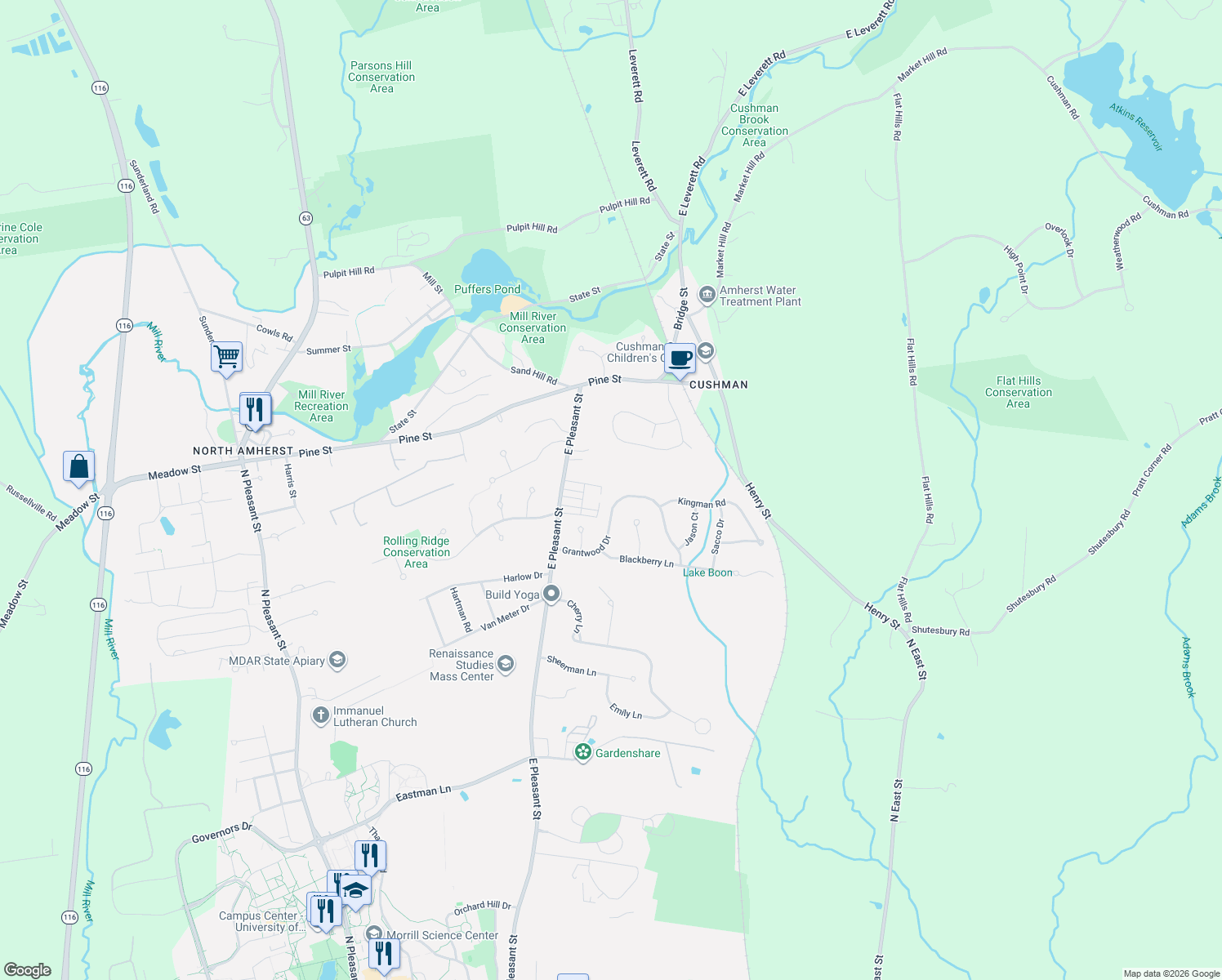 map of restaurants, bars, coffee shops, grocery stores, and more near 88 Grantwood Drive in Amherst