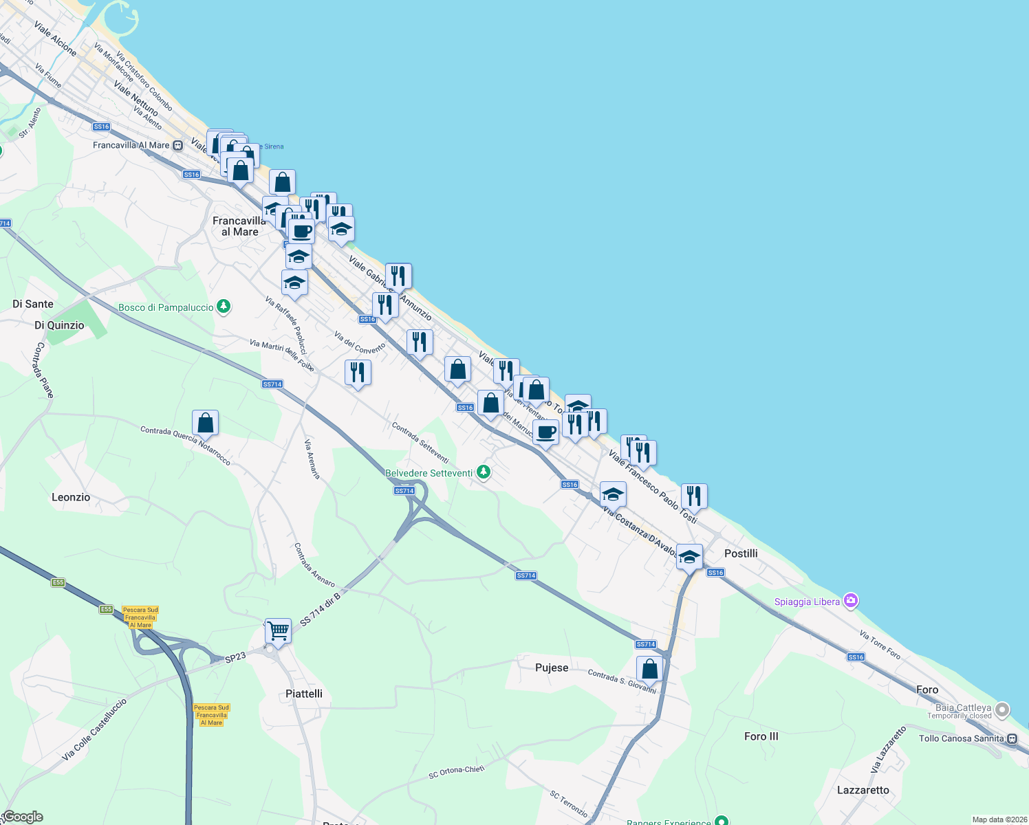 map of restaurants, bars, coffee shops, grocery stores, and more near 27 Via dei Marrucini in Francavilla Al Mare