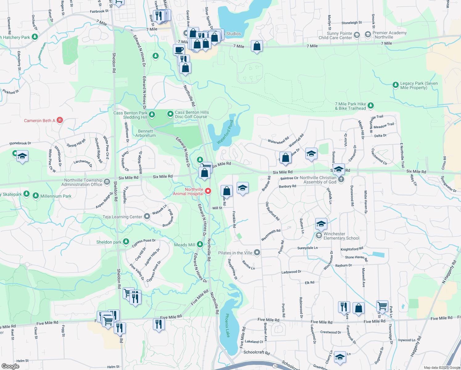 map of restaurants, bars, coffee shops, grocery stores, and more near 16931 Franklin Rd in Northville