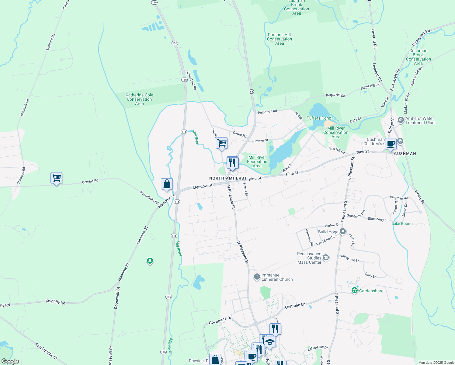 map of restaurants, bars, coffee shops, grocery stores, and more near 22 Meadow St in Amherst