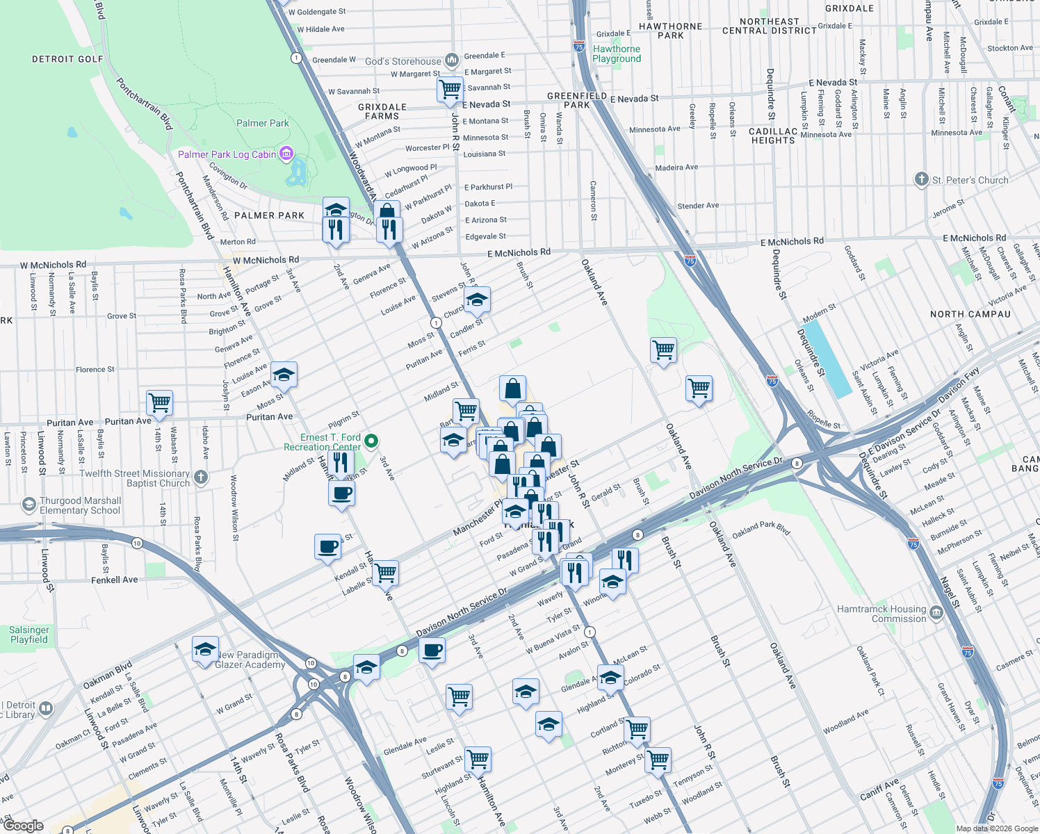 map of restaurants, bars, coffee shops, grocery stores, and more near 91 Manchester Street in Highland Park