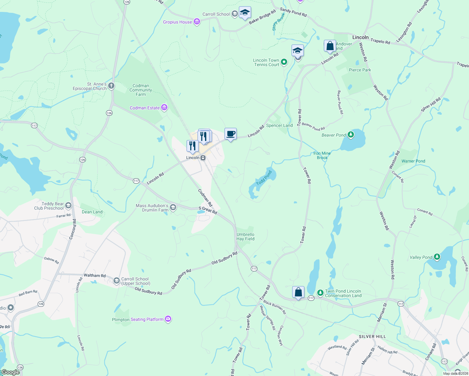 map of restaurants, bars, coffee shops, grocery stores, and more near 69 Todd Pond Road in Lincoln