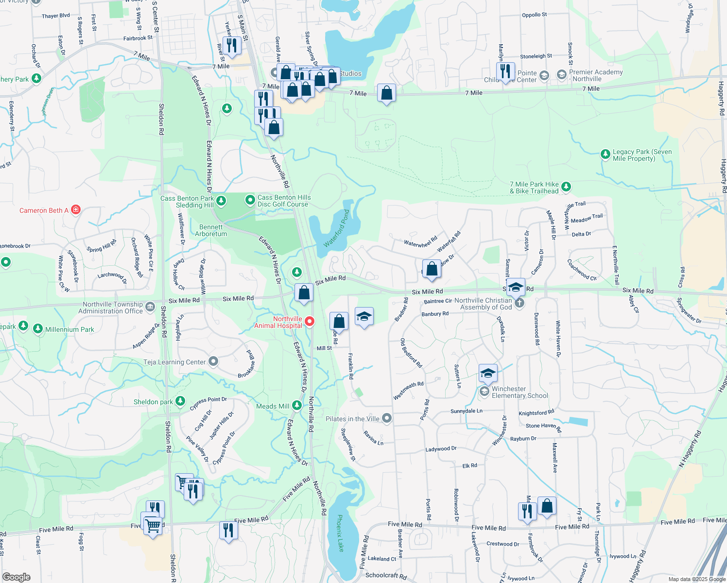 map of restaurants, bars, coffee shops, grocery stores, and more near 42518 Waterford Road in Northville