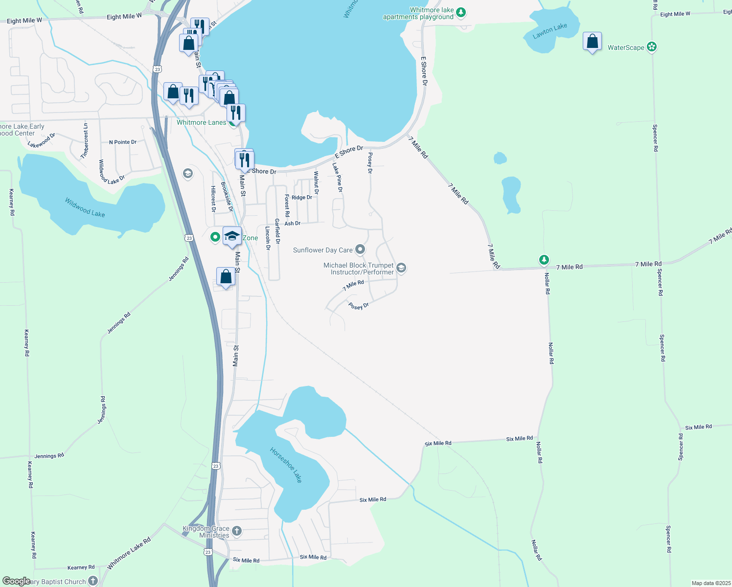 map of restaurants, bars, coffee shops, grocery stores, and more near 8943 Sunflower Drive in Whitmore Lake