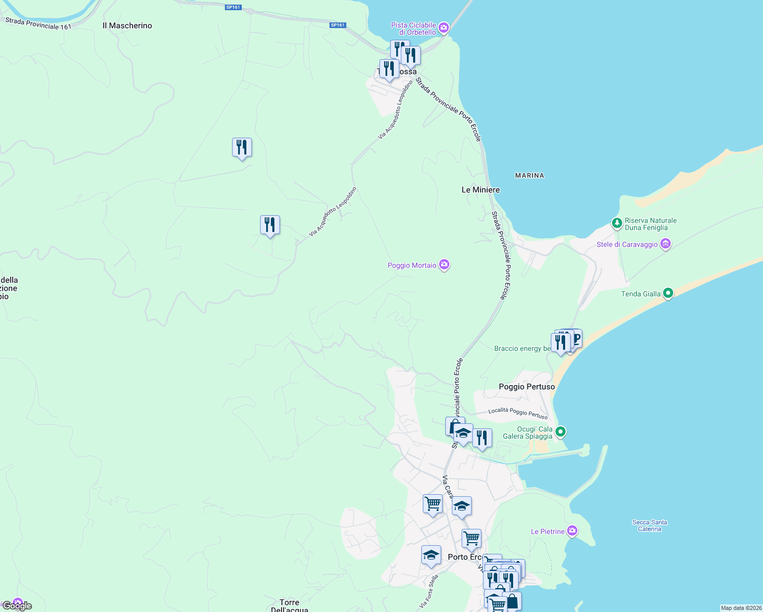 map of restaurants, bars, coffee shops, grocery stores, and more near Strada di Spaccamontagne in Provincia di Grosseto