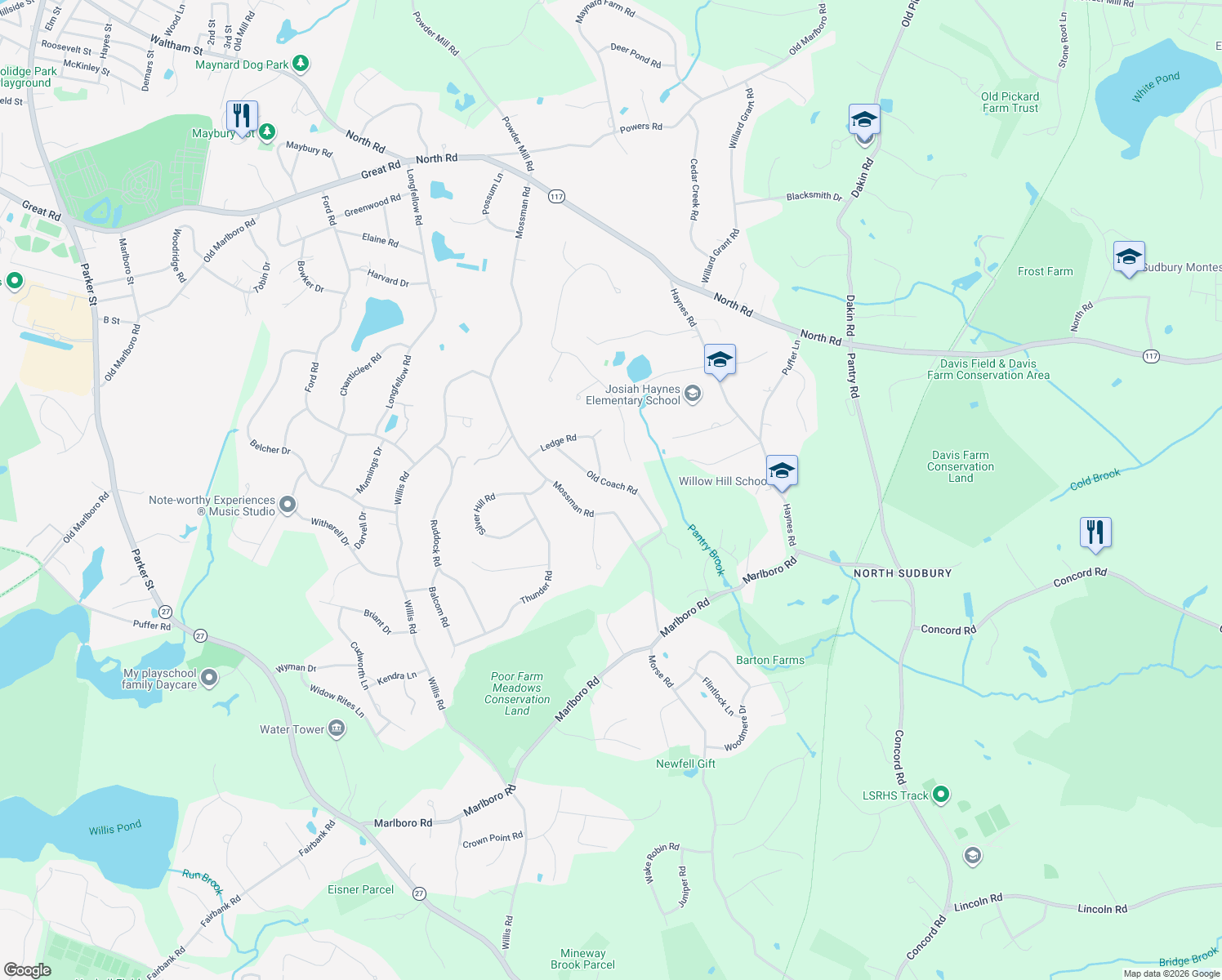 map of restaurants, bars, coffee shops, grocery stores, and more near 41 Old Coach Road in Sudbury
