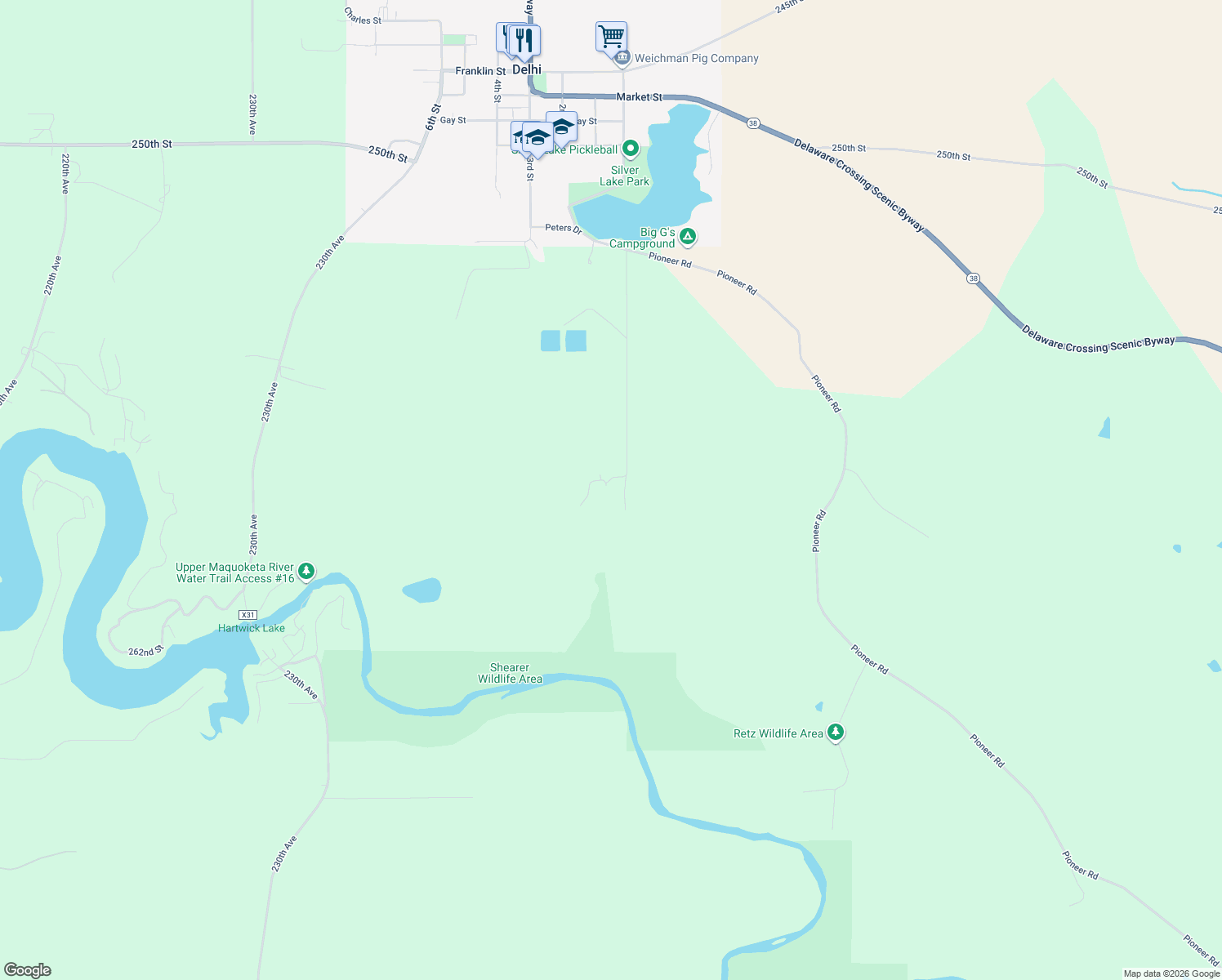 map of restaurants, bars, coffee shops, grocery stores, and more near 2591 240th Avenue in Delhi