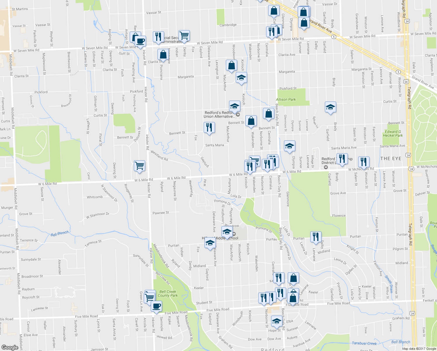 map of restaurants, bars, coffee shops, grocery stores, and more near 26530 West 6 Mile Road in Redford Charter Township