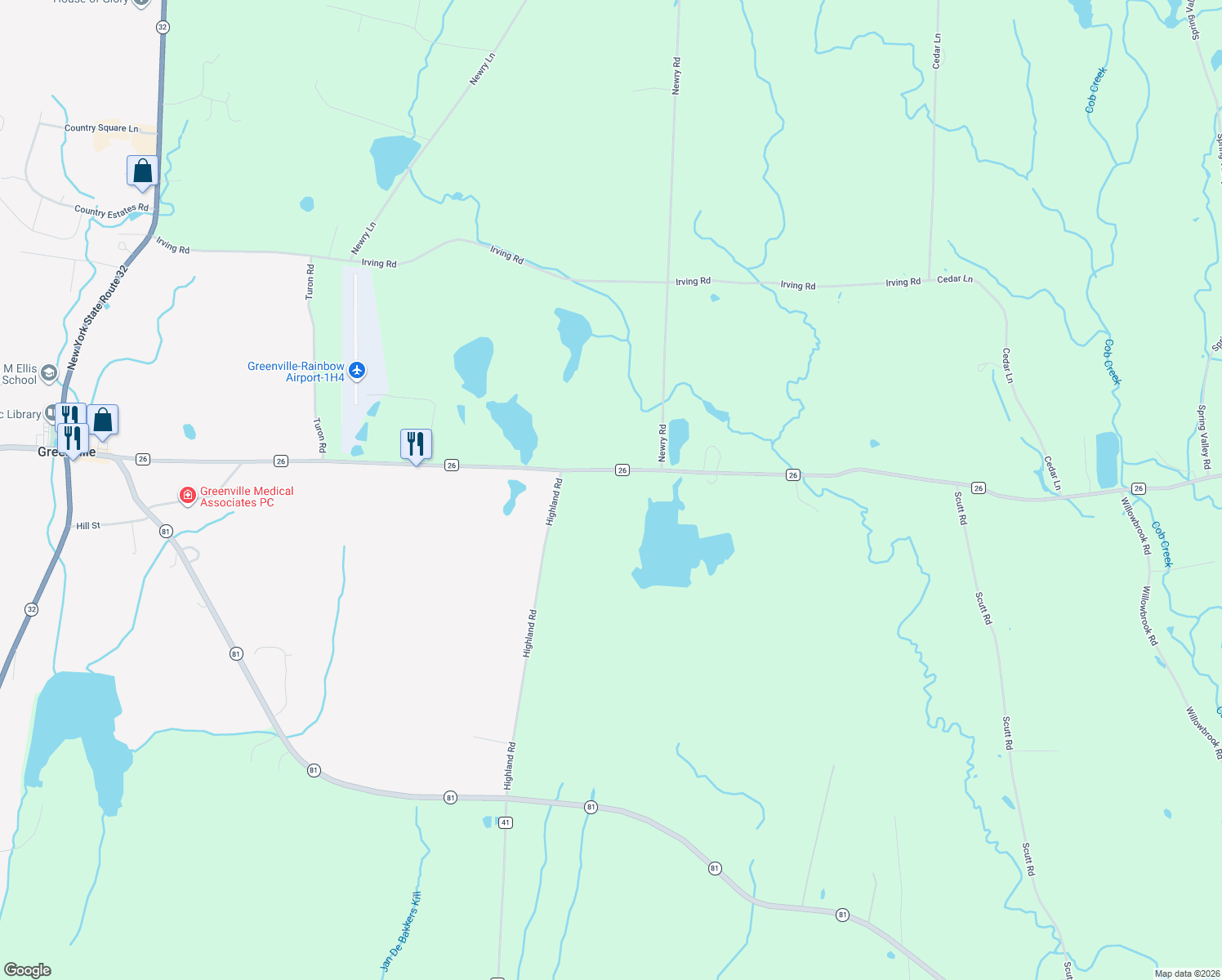 map of restaurants, bars, coffee shops, grocery stores, and more near 3603 County Route 26 in Greenville