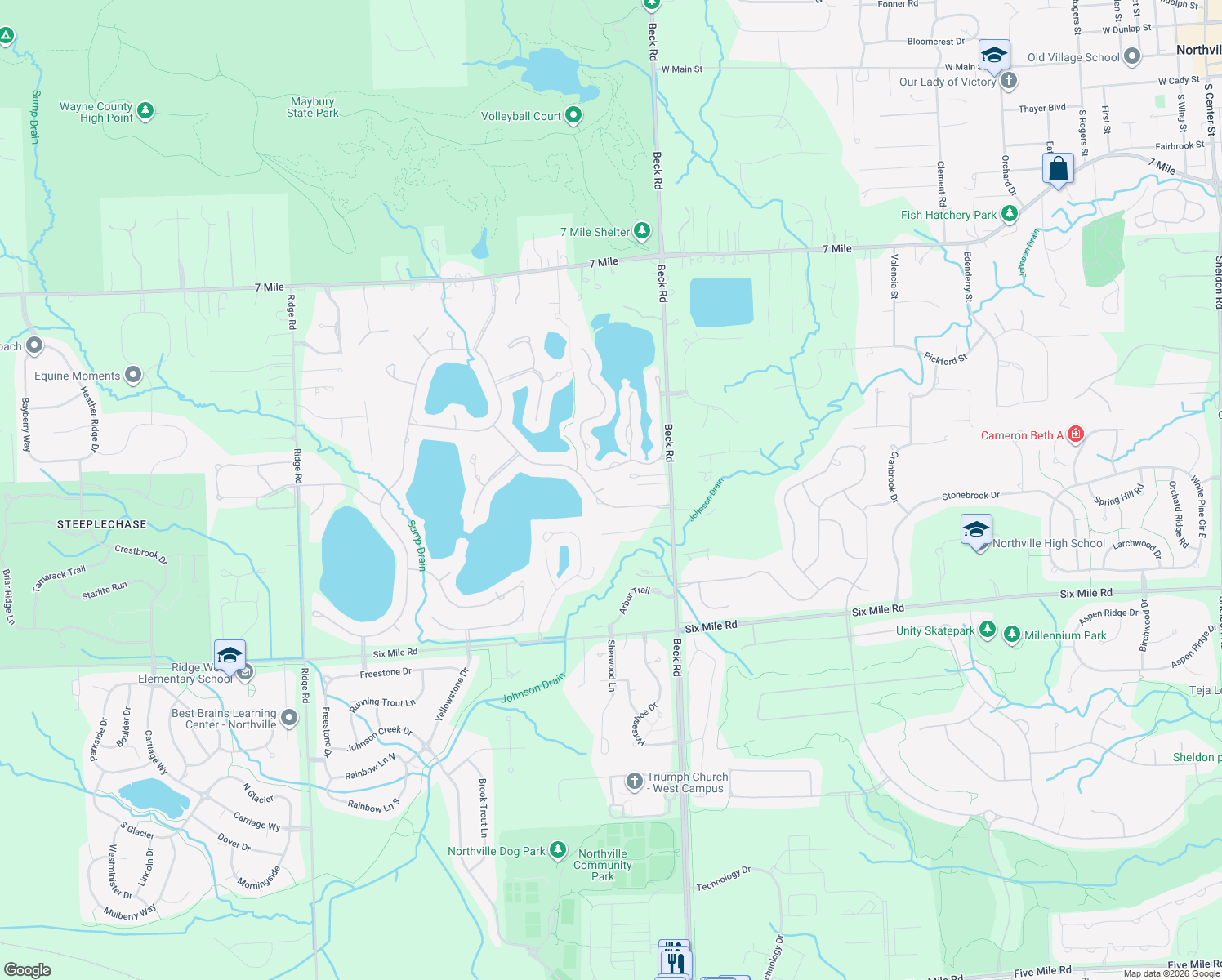 map of restaurants, bars, coffee shops, grocery stores, and more near 47714 Newcastle Ct in Northville