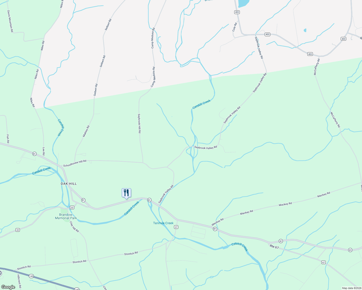 map of restaurants, bars, coffee shops, grocery stores, and more near 257 Saybrook Valley Road in Greene County