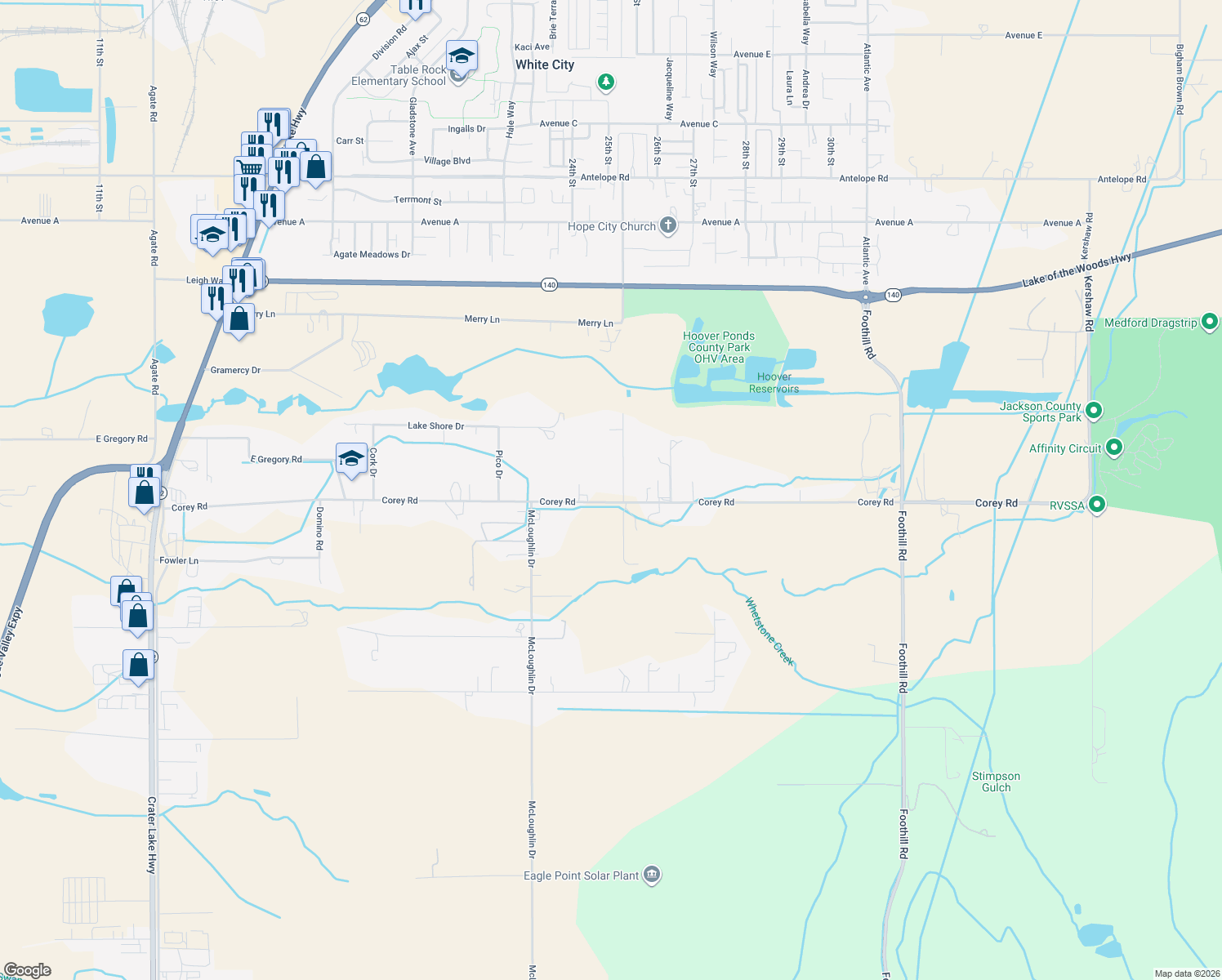 map of restaurants, bars, coffee shops, grocery stores, and more near 6797 Lakeview Drive in Central Point