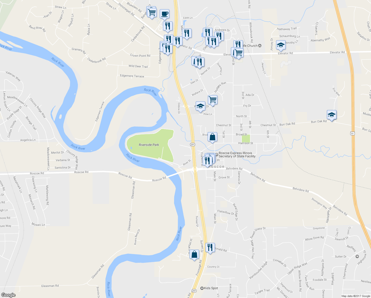 map of restaurants, bars, coffee shops, grocery stores, and more near 5245 Rowena Drive in Roscoe
