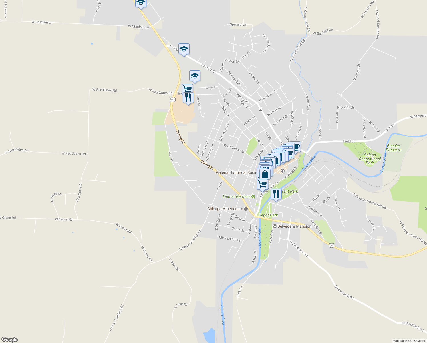 map of restaurants, bars, coffee shops, grocery stores, and more near 624 Spring Street in Galena