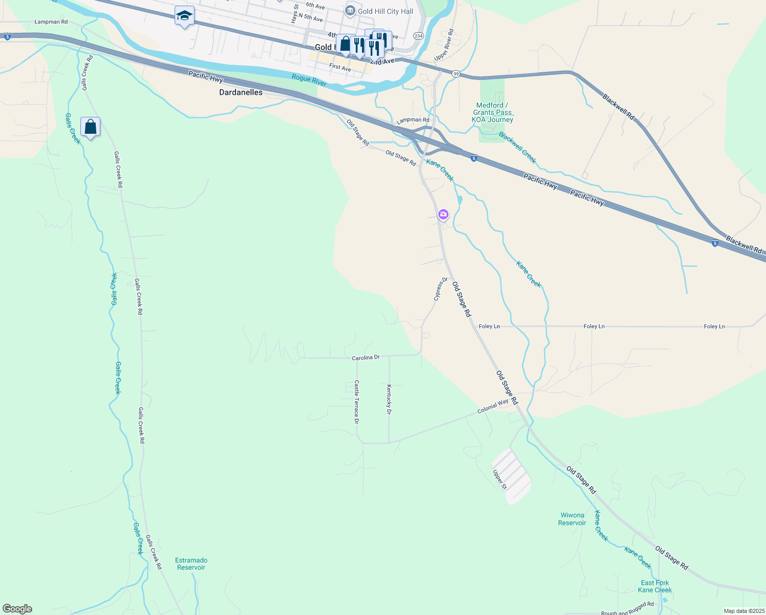 map of restaurants, bars, coffee shops, grocery stores, and more near 6749 Cypress Drive in Central Point