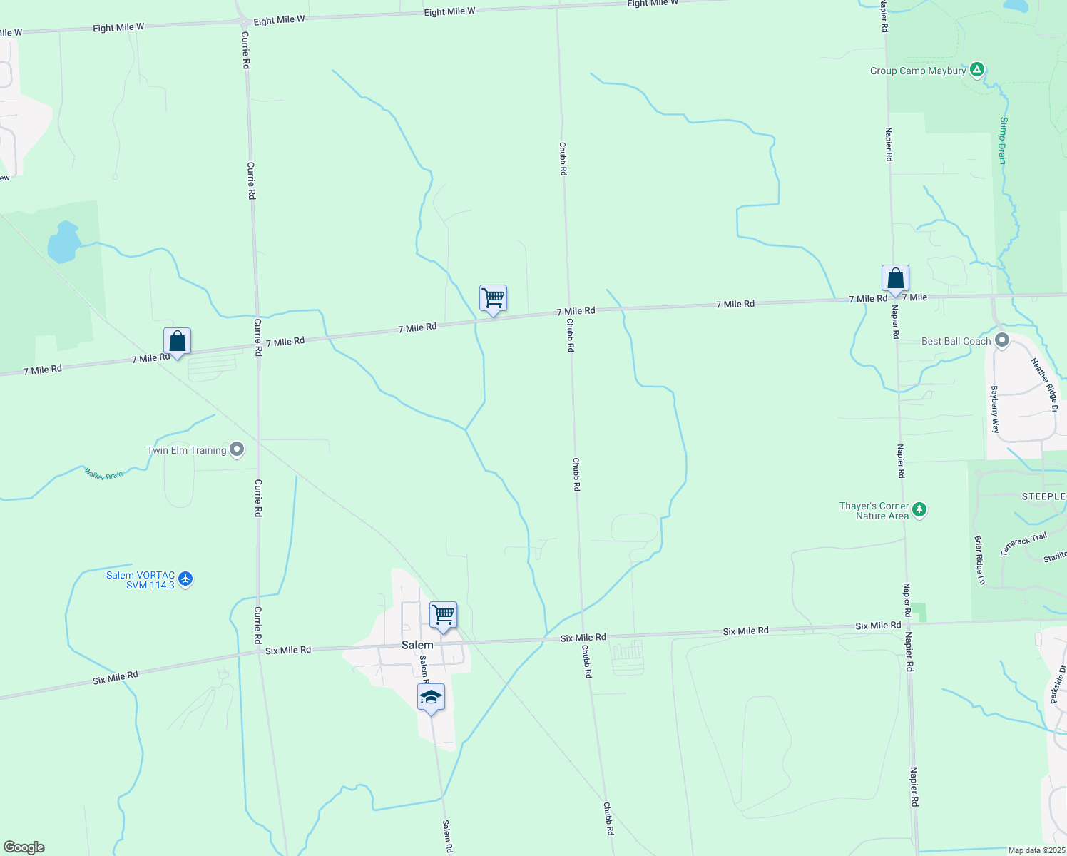 map of restaurants, bars, coffee shops, grocery stores, and more near 8635 Chubb Road in Northville
