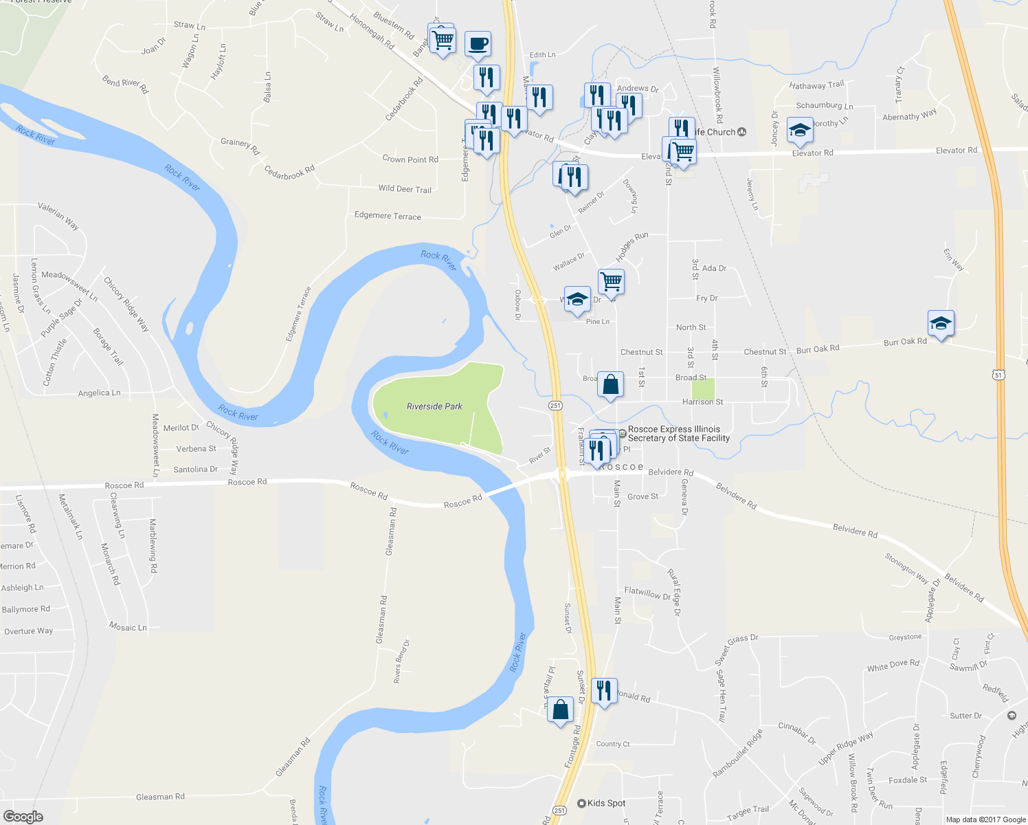map of restaurants, bars, coffee shops, grocery stores, and more near 5167 Rowena Drive in Roscoe