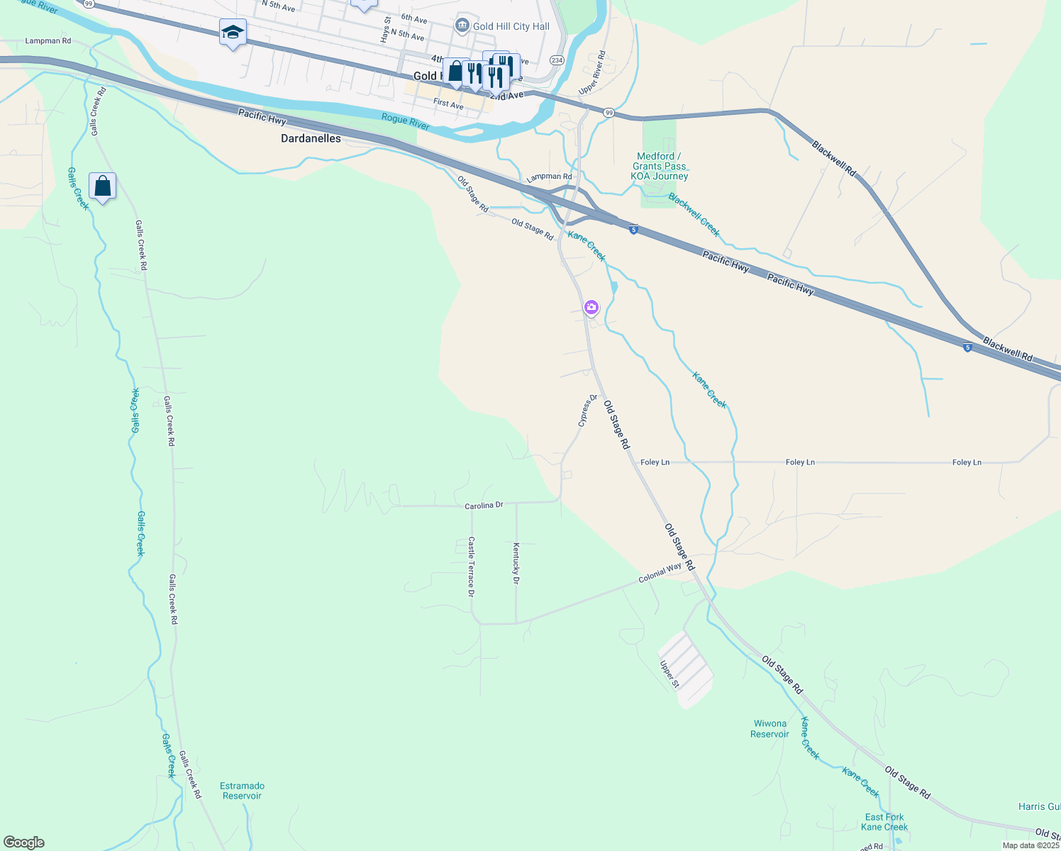 map of restaurants, bars, coffee shops, grocery stores, and more near 6749 Cypress Drive in Central Point