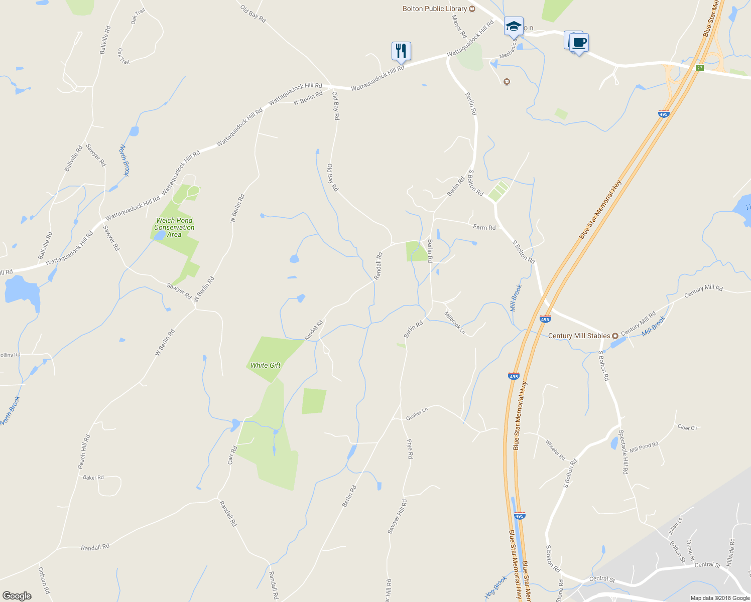 map of restaurants, bars, coffee shops, grocery stores, and more near 92 Randall Road in Bolton