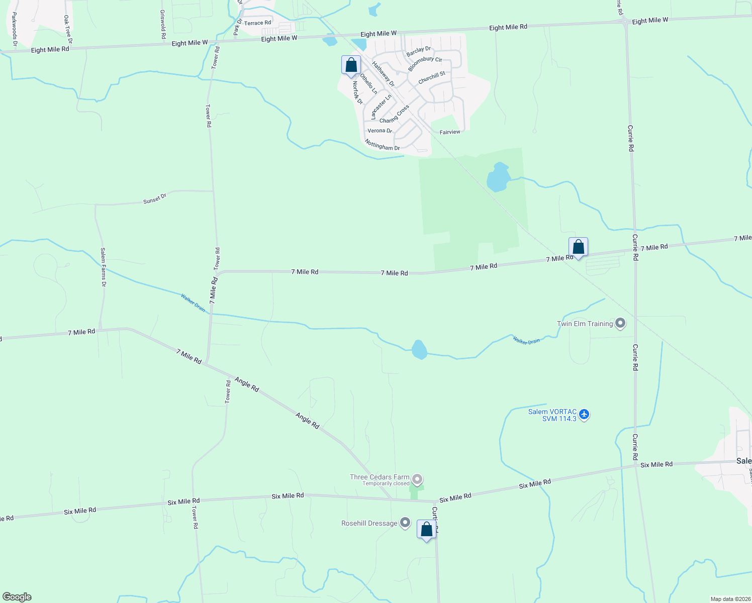 map of restaurants, bars, coffee shops, grocery stores, and more near 7670 7 Mile Road in Northville
