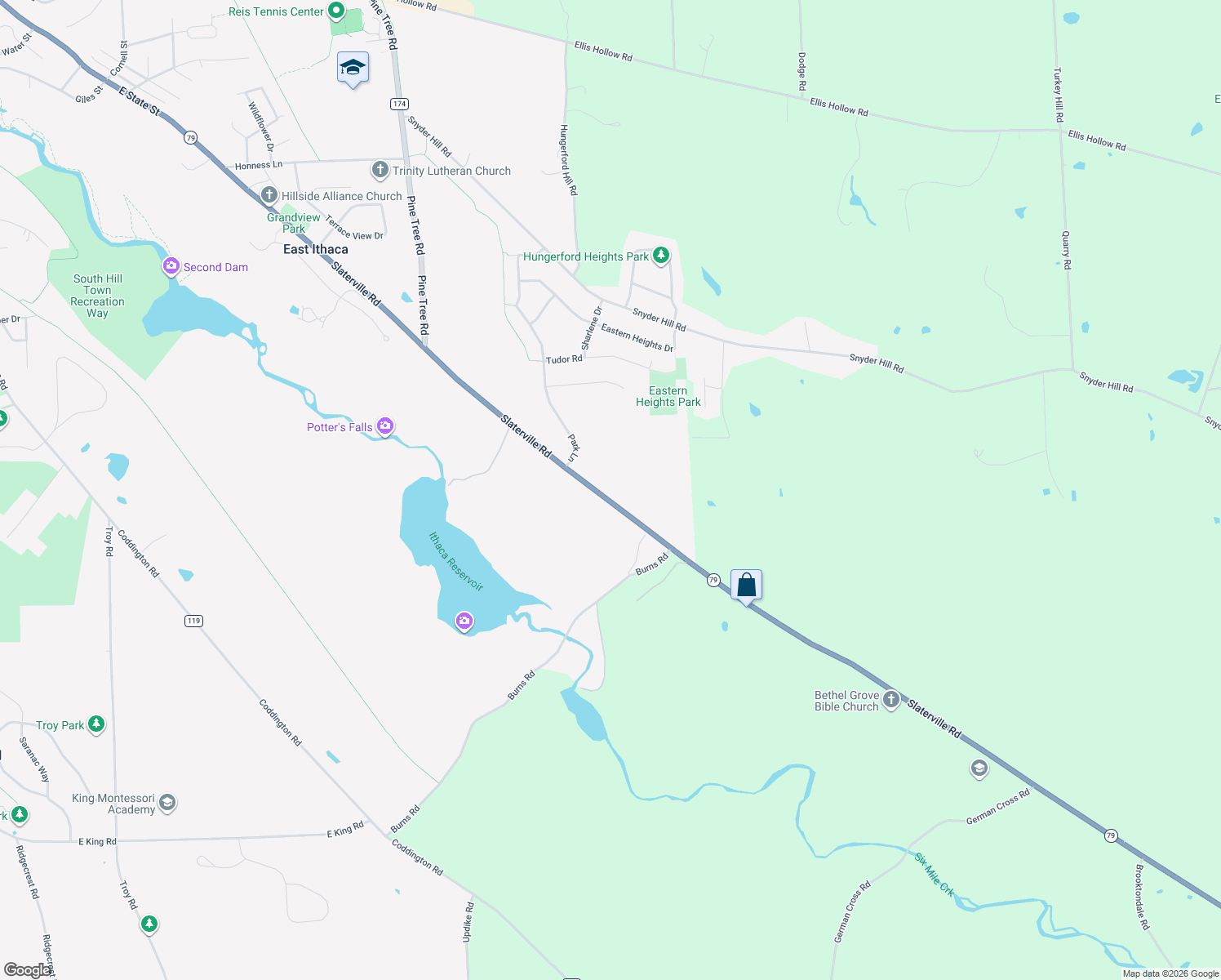 map of restaurants, bars, coffee shops, grocery stores, and more near 1568 Slaterville Rd in Ithaca