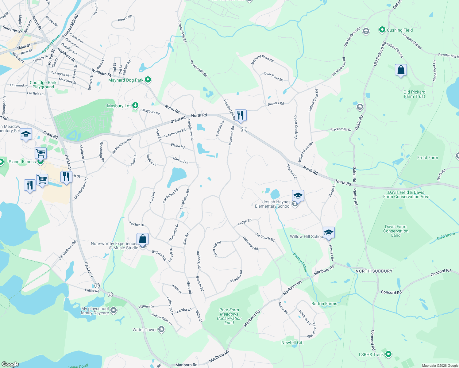 map of restaurants, bars, coffee shops, grocery stores, and more near 218 Mossman Road in Sudbury