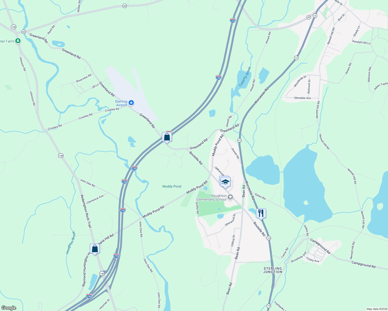 map of restaurants, bars, coffee shops, grocery stores, and more near 65 Boutelle Road in Sterling